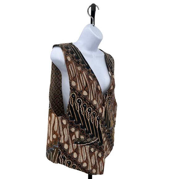 WMNS Bali Print Vest Sleeveless V-neck Button Up Jacket Layering Piece Brown/Tan - Picture 2 of 4